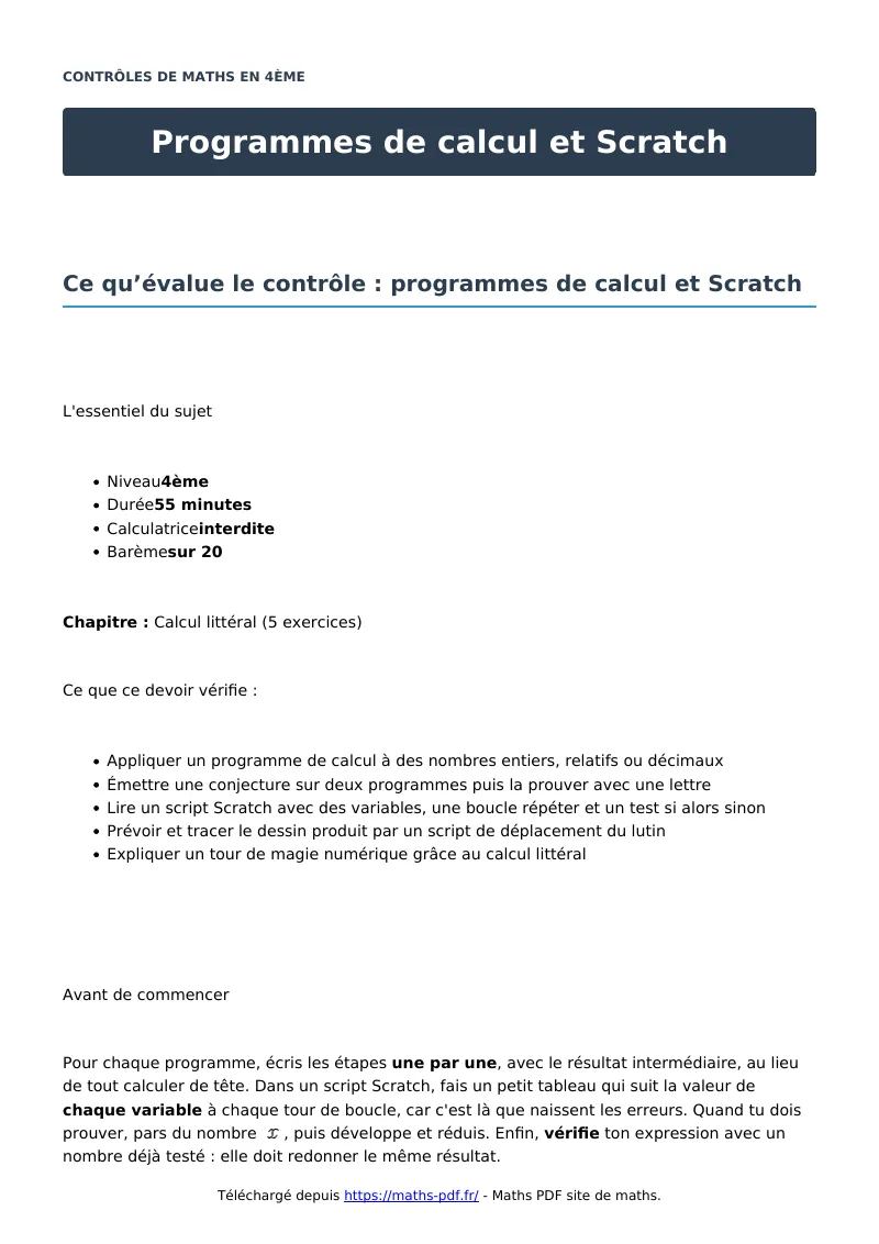 Programmes de calcul et Scratch : contrôle de maths en 4ème corrigé en PDF