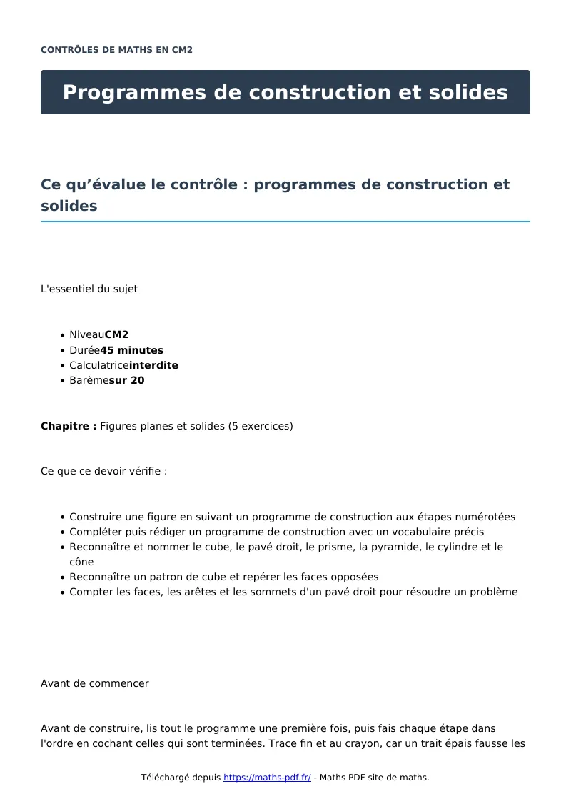 Programmes de construction et solides : contrôle de maths en CM2 corrigé en PDF