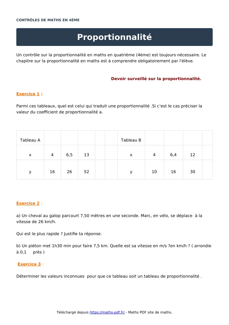 Proportionnalité : contrôle de maths en 4ème corrigé en PDF