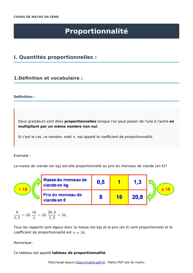 Proportionnalité : cours de maths en 5ème en PDF