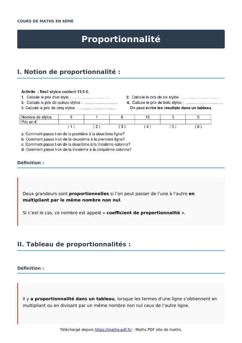Proportionnalité : cours de maths en 6ème en PDF