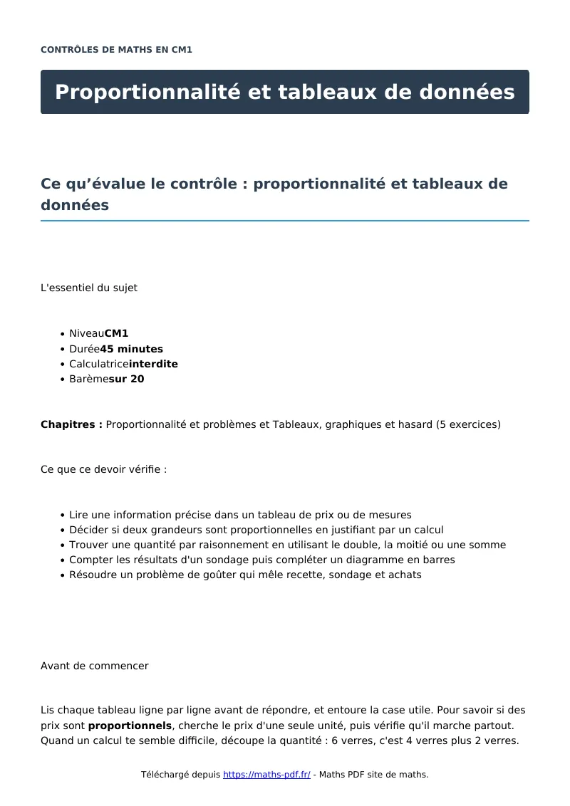 Proportionnalité et tableaux de données : contrôle de maths en CM1 corrigé en PDF
