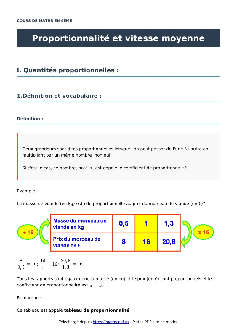 Proportionnalité et vitesse moyenne : cours de maths en 4ème en PDF