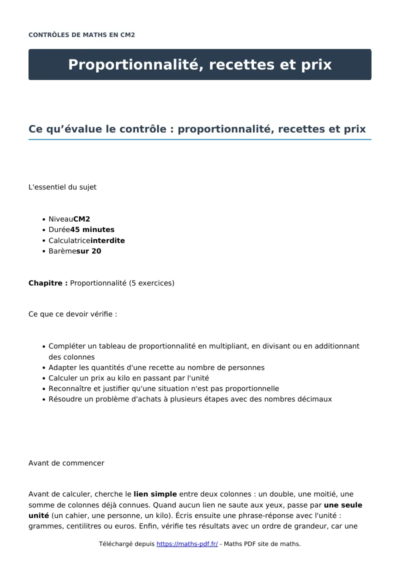 Proportionnalité, recettes et prix : contrôle de maths en CM2 corrigé en PDF