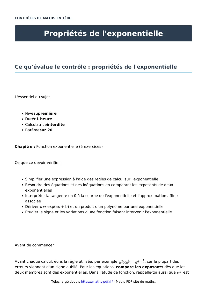 Propriétés de l’exponentielle : contrôle de maths en première corrigé en PDF