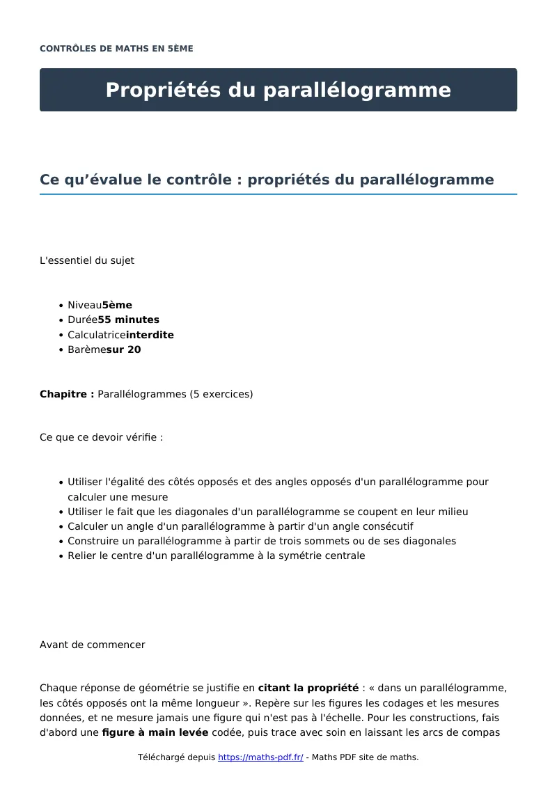 Propriétés du parallélogramme : contrôle de maths en 5ème corrigé en PDF