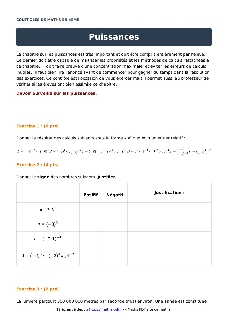 Puissances : contrôle de maths en 4ème corrigé en PDF