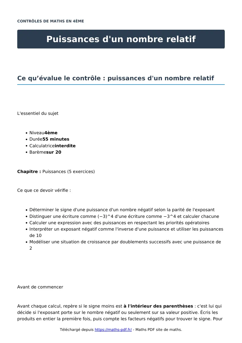 Puissances d’un nombre relatif : contrôle de maths en 4ème corrigé en PDF