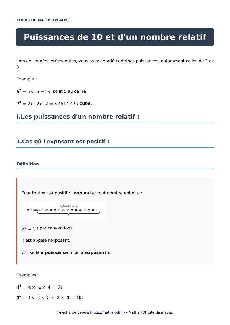 Puissances de 10 et d’un nombre relatif : cours de maths en 4ème en PDF