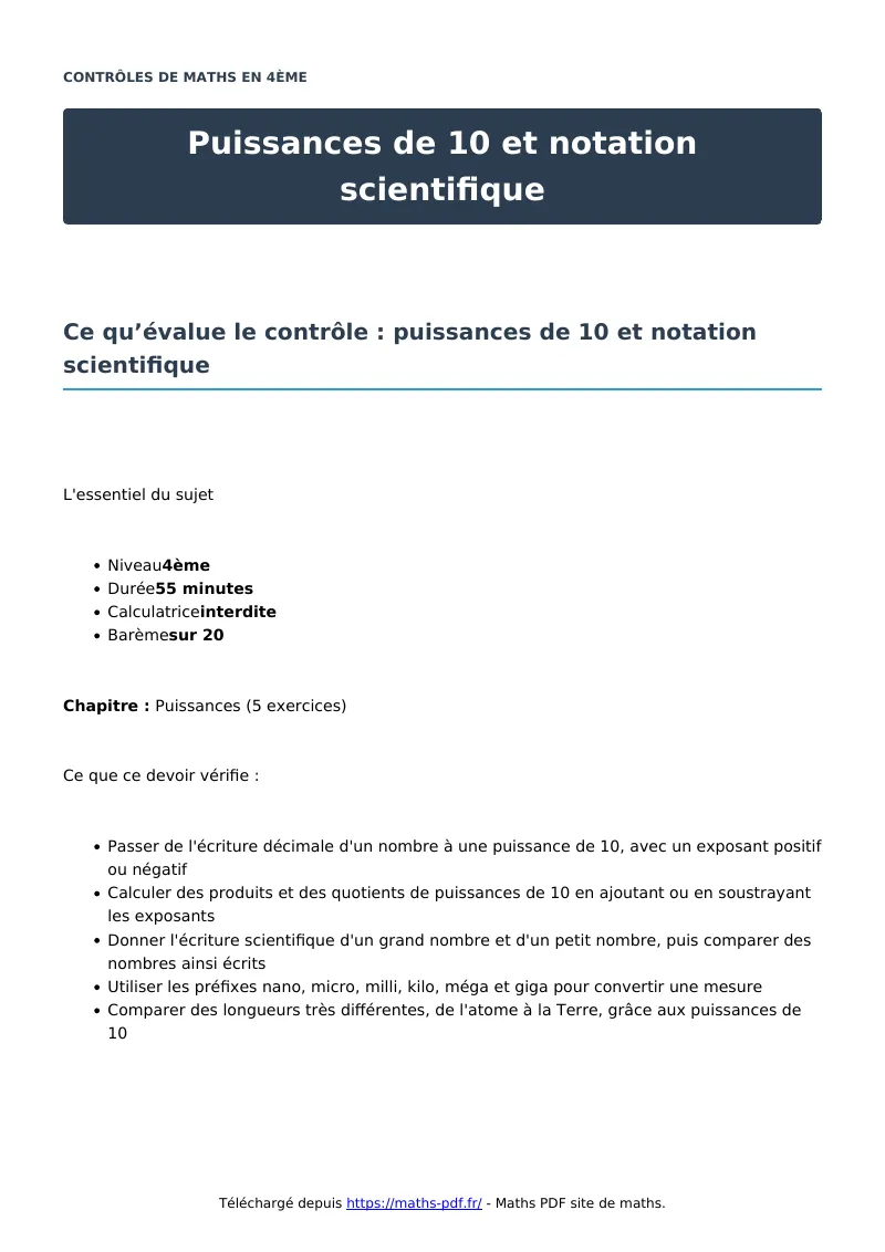 Puissances de 10 et notation scientifique : contrôle de maths en 4ème corrigé en PDF