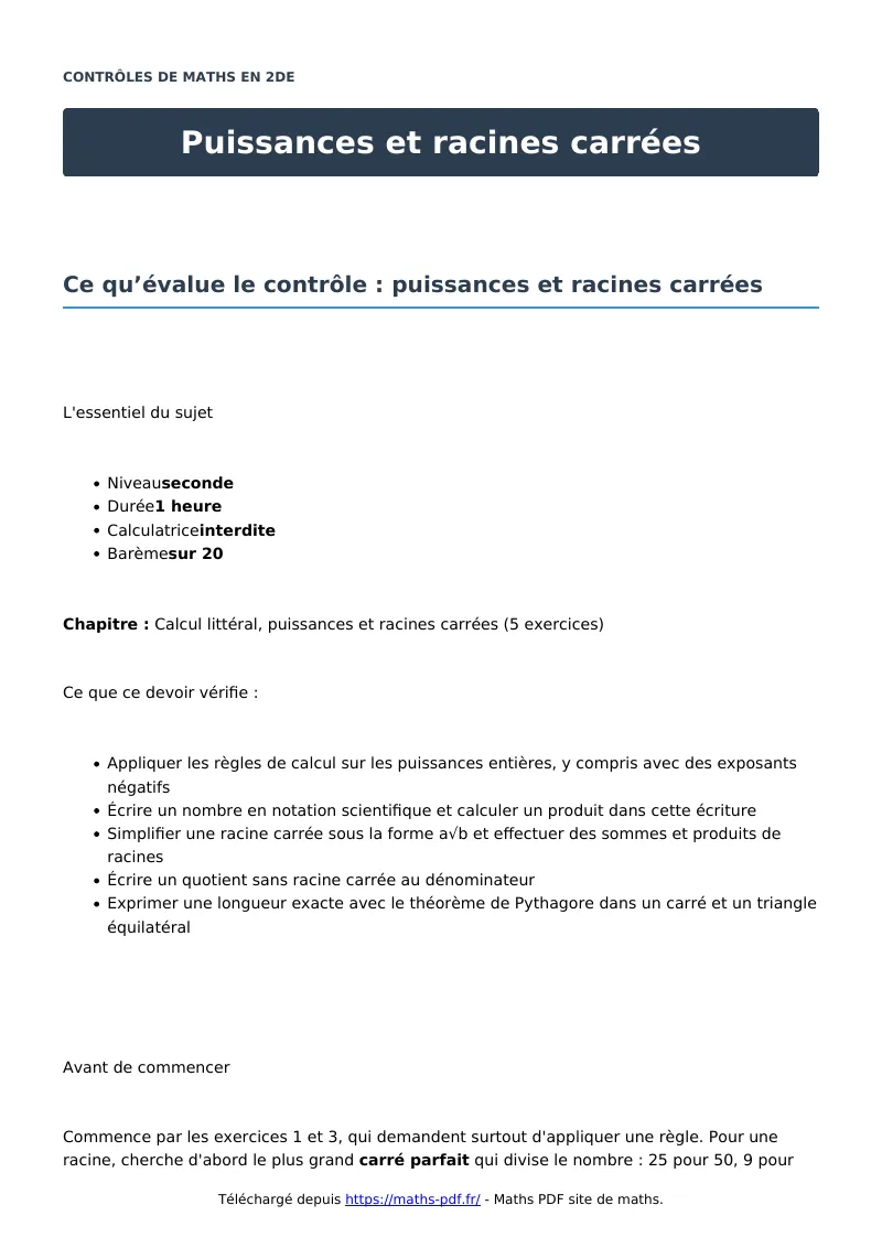 Puissances et racines carrées : contrôle de maths en seconde corrigé en PDF