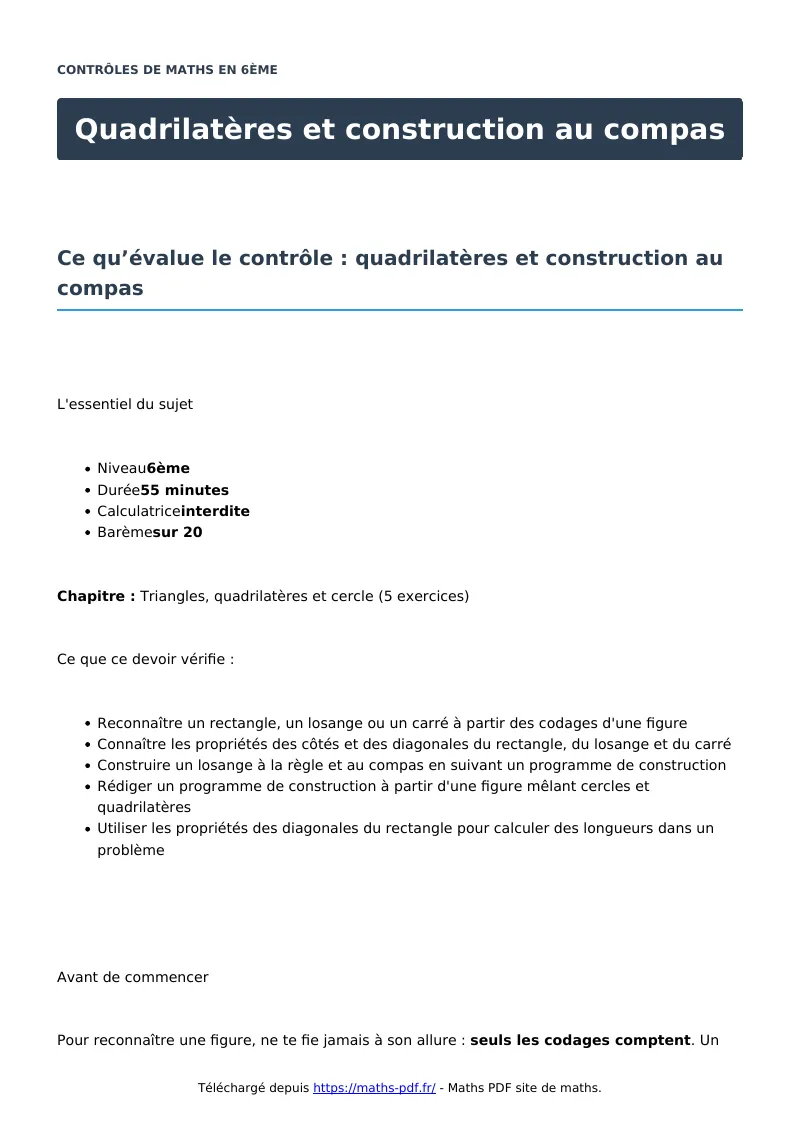 Quadrilatères et construction au compas : contrôle de maths en 6ème corrigé en PDF