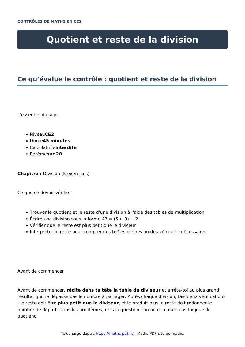 Quotient et reste de la division : contrôle de maths en CE2 corrigé en PDF