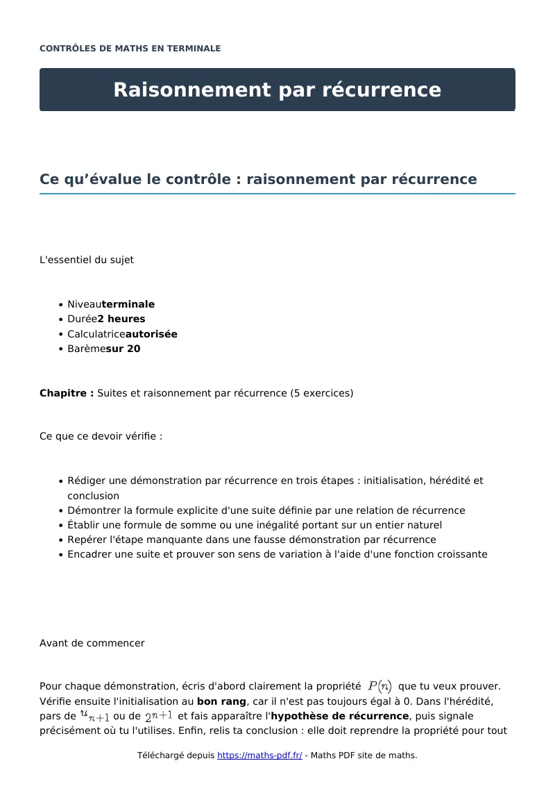 Raisonnement par récurrence : contrôle de maths en terminale corrigé en PDF