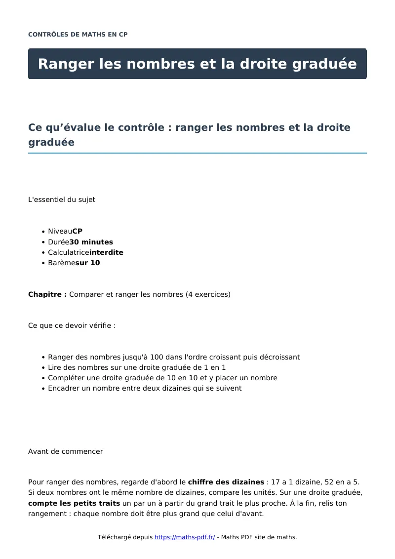 Ranger les nombres et la droite graduée : contrôle de maths en CP corrigé en PDF