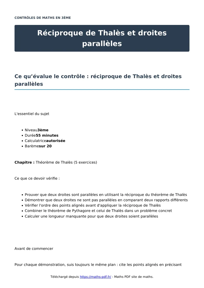 Réciproque de Thalès et droites parallèles : contrôle de maths en 3ème corrigé en PDF