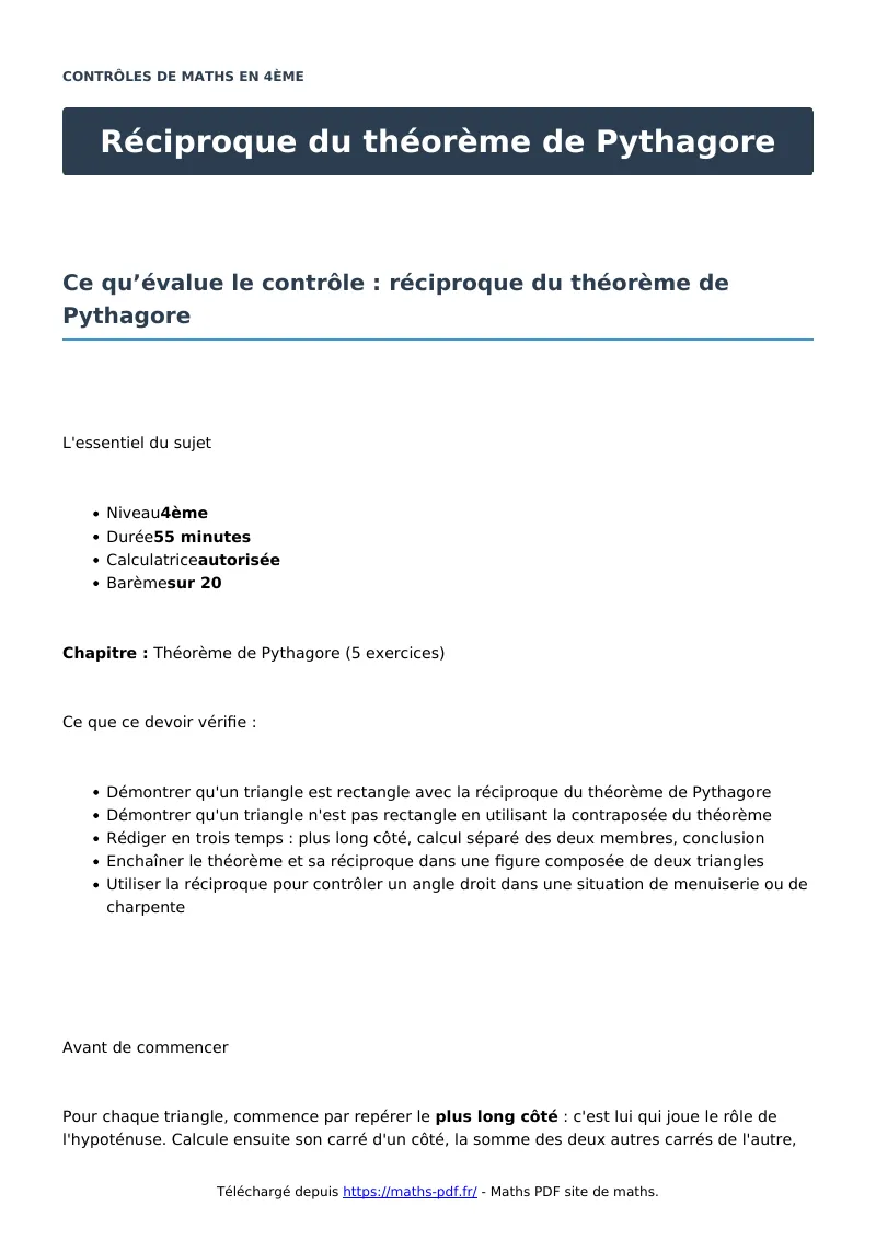 Réciproque du théorème de Pythagore : contrôle de maths en 4ème corrigé en PDF