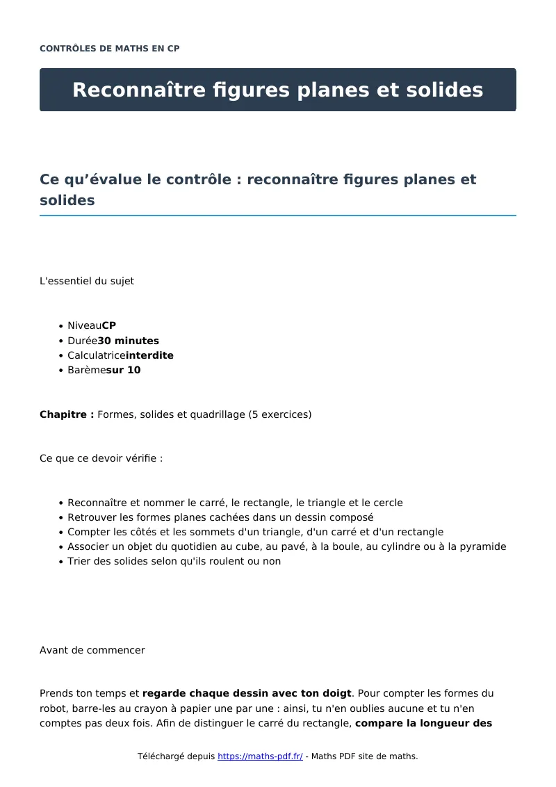 Reconnaître figures planes et solides : contrôle de maths en CP corrigé en PDF