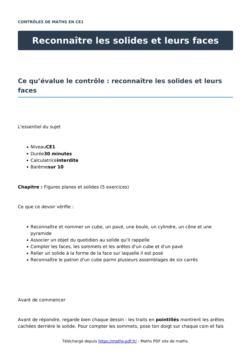 Reconnaître les solides et leurs faces : contrôle de maths en CE1 corrigé en PDF