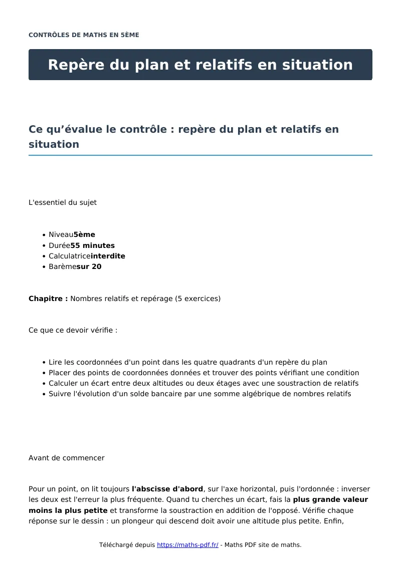Repère du plan et relatifs en situation : contrôle de maths en 5ème corrigé en PDF