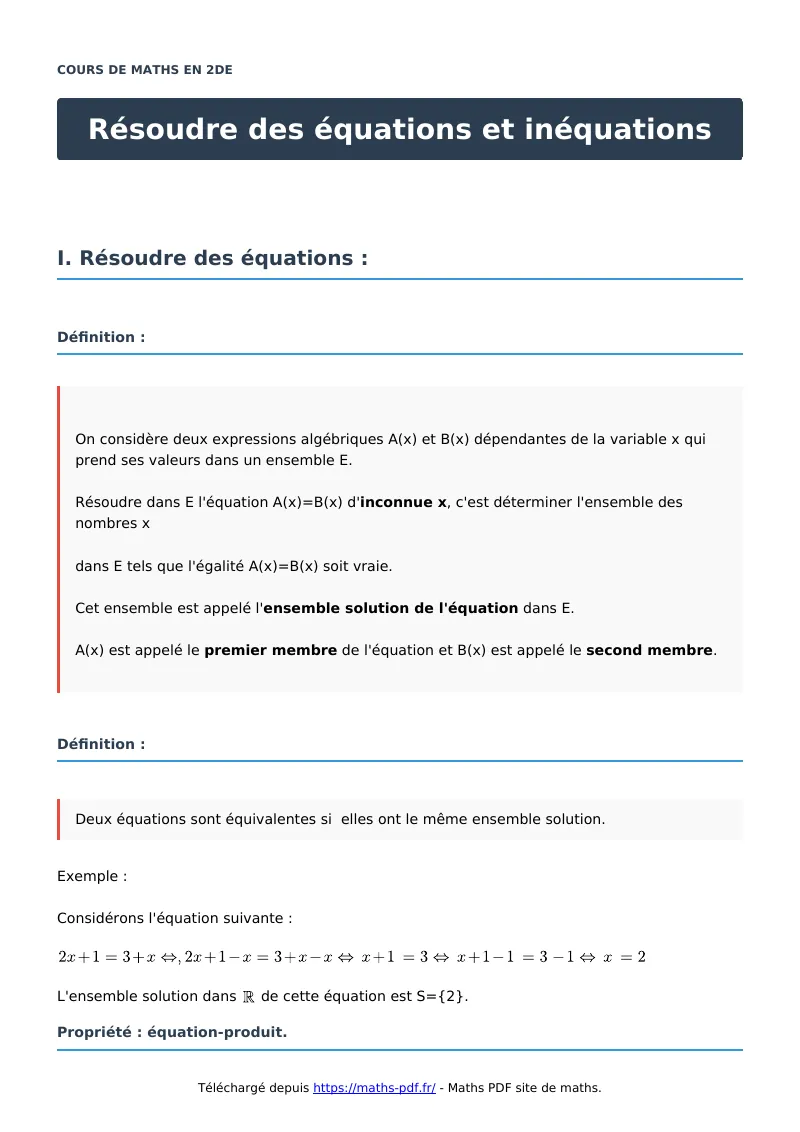 Résoudre des équations et inéquations : cours de maths en seconde en PDF
