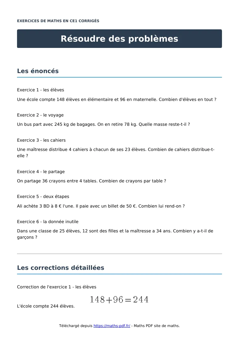 Résoudre des problèmes : exercices de maths en CE1 corrigés en PDF