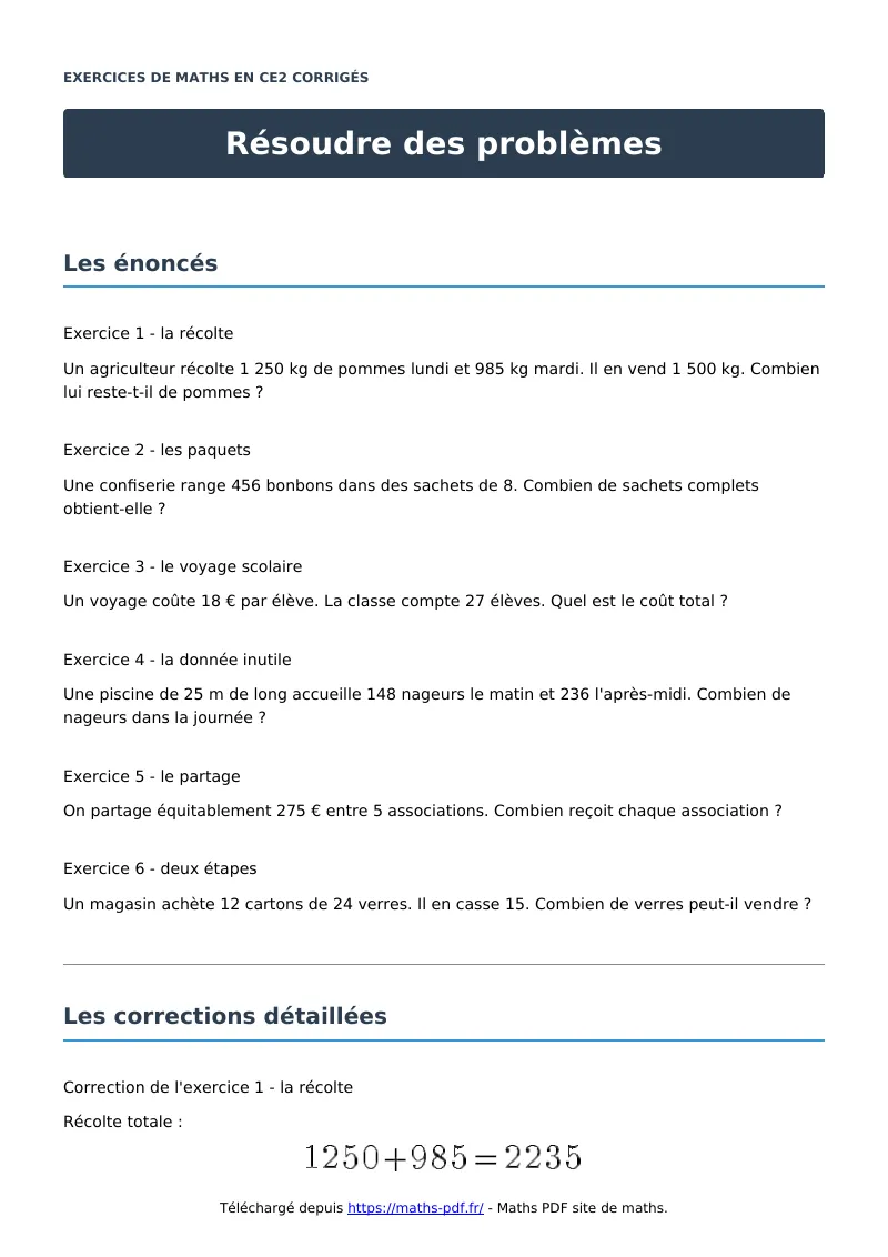 Résoudre des problèmes : exercices de maths en CE2 corrigés en PDF