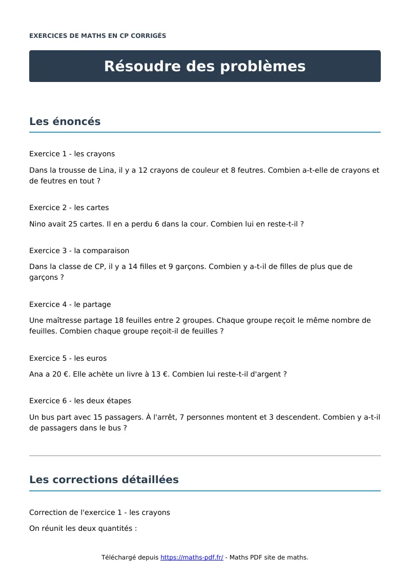 Résoudre des problèmes : exercices de maths en CP corrigés en PDF