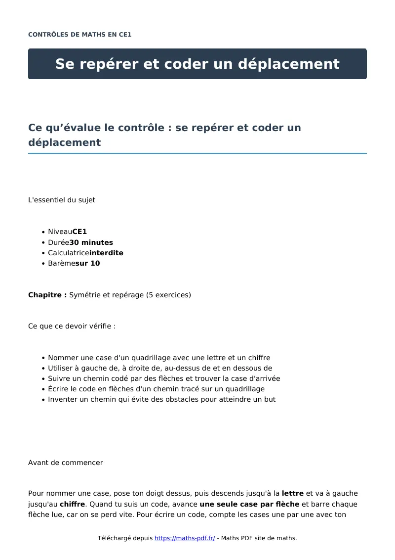 Se repérer et coder un déplacement : contrôle de maths en CE1 corrigé en PDF