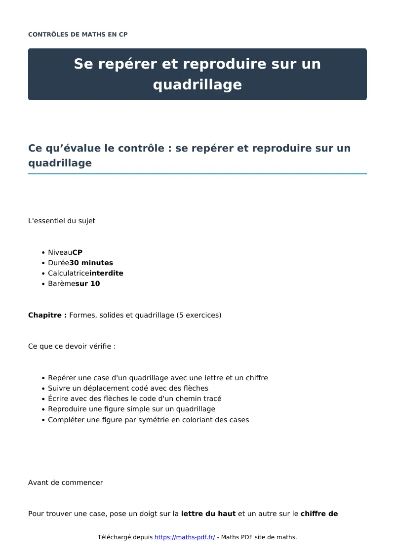 Se repérer et reproduire sur un quadrillage : contrôle de maths en CP corrigé en PDF