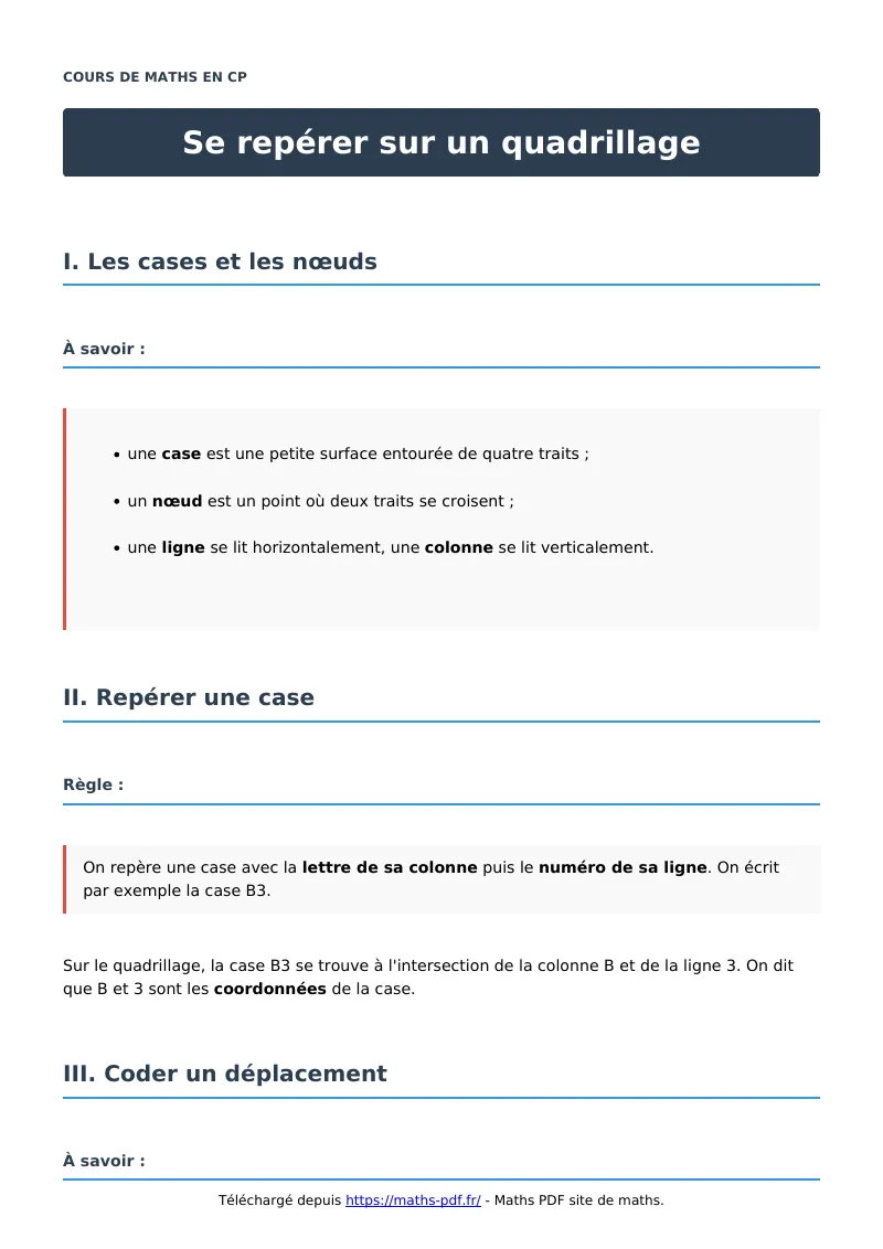 Se repérer sur un quadrillage : cours de maths en CP en PDF