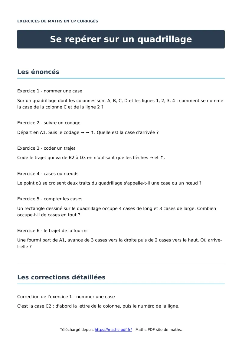 Se repérer sur un quadrillage : exercices de maths en CP corrigés en PDF