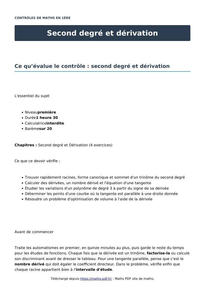 Second degré et dérivation : contrôle de maths en première corrigé en PDF
