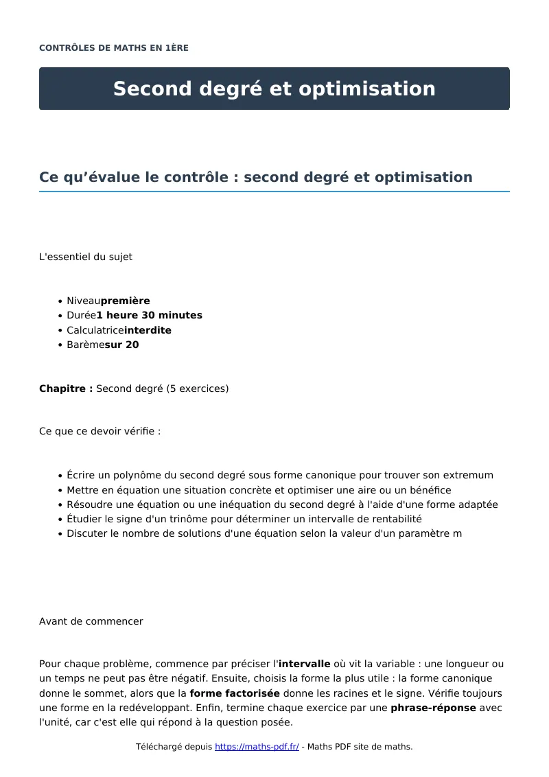 Second degré et optimisation : contrôle de maths en première corrigé en PDF