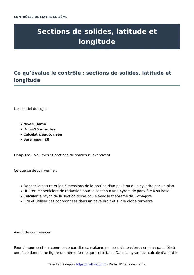 Sections de solides, latitude et longitude : contrôle de maths en 3ème corrigé en PDF