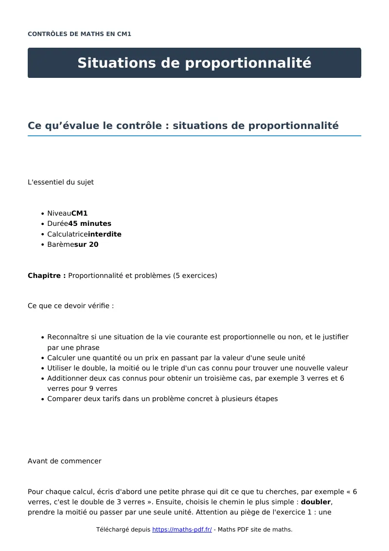 Situations de proportionnalité : contrôle de maths en CM1 corrigé en PDF