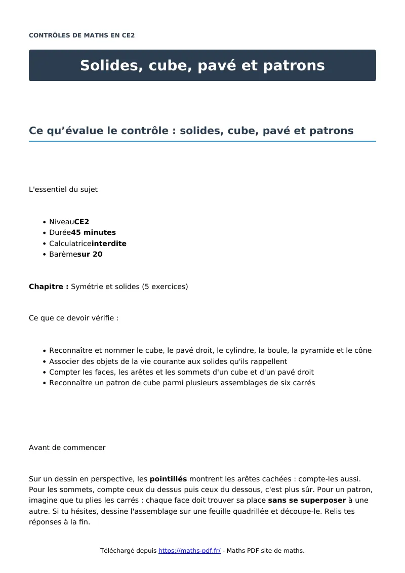Solides, cube, pavé et patrons : contrôle de maths en CE2 corrigé en PDF