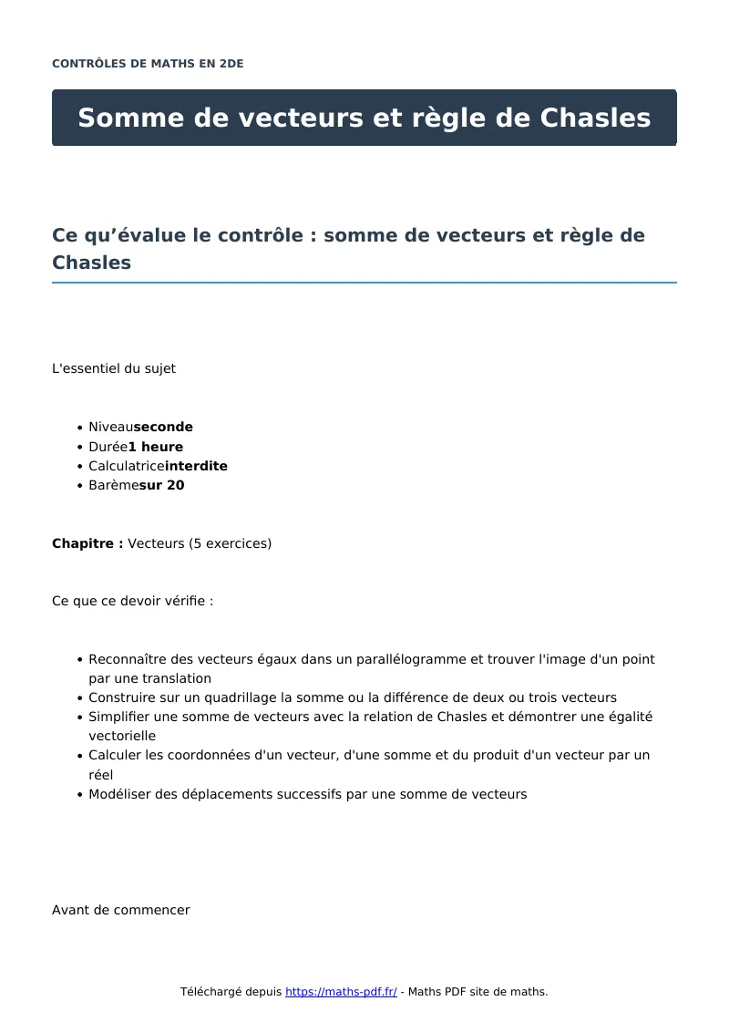 Somme de vecteurs et règle de Chasles : contrôle de maths en seconde corrigé en PDF