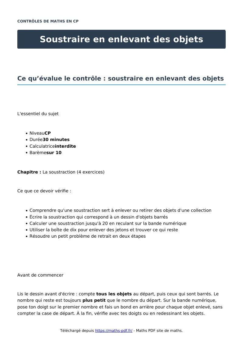 Soustraire en enlevant des objets : contrôle de maths en CP corrigé en PDF