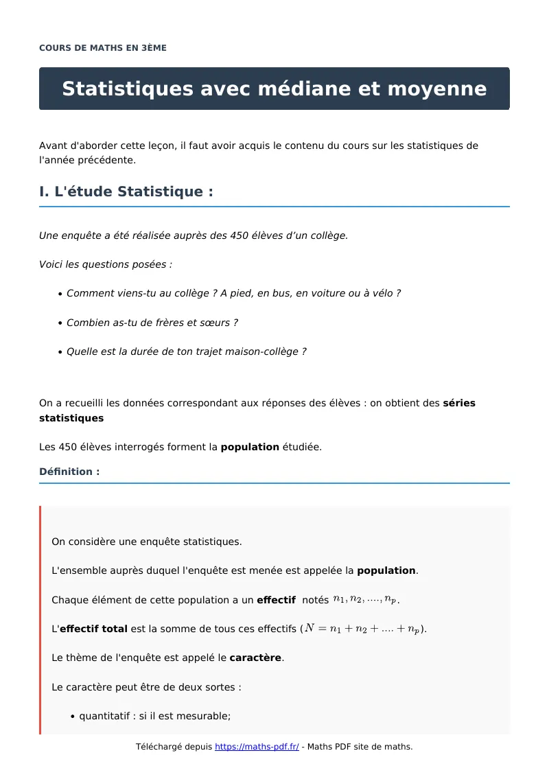 Statistiques avec médiane et moyenne : cours de maths en 3ème en PDF