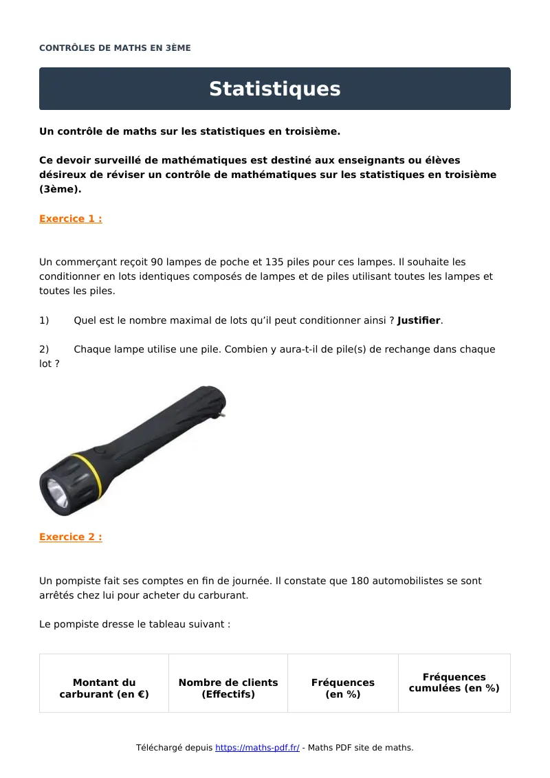 Statistiques : contrôle de maths en 3ème corrigé en PDF