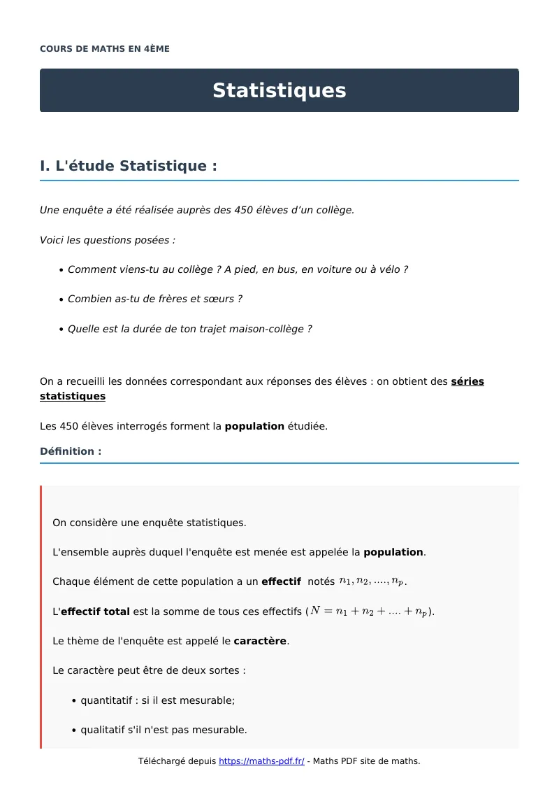 Statistiques : cours de maths en 4ème en PDF