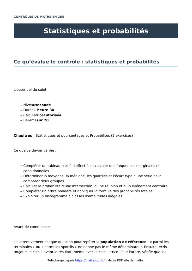 Statistiques et probabilités : contrôle de maths en seconde corrigé en PDF