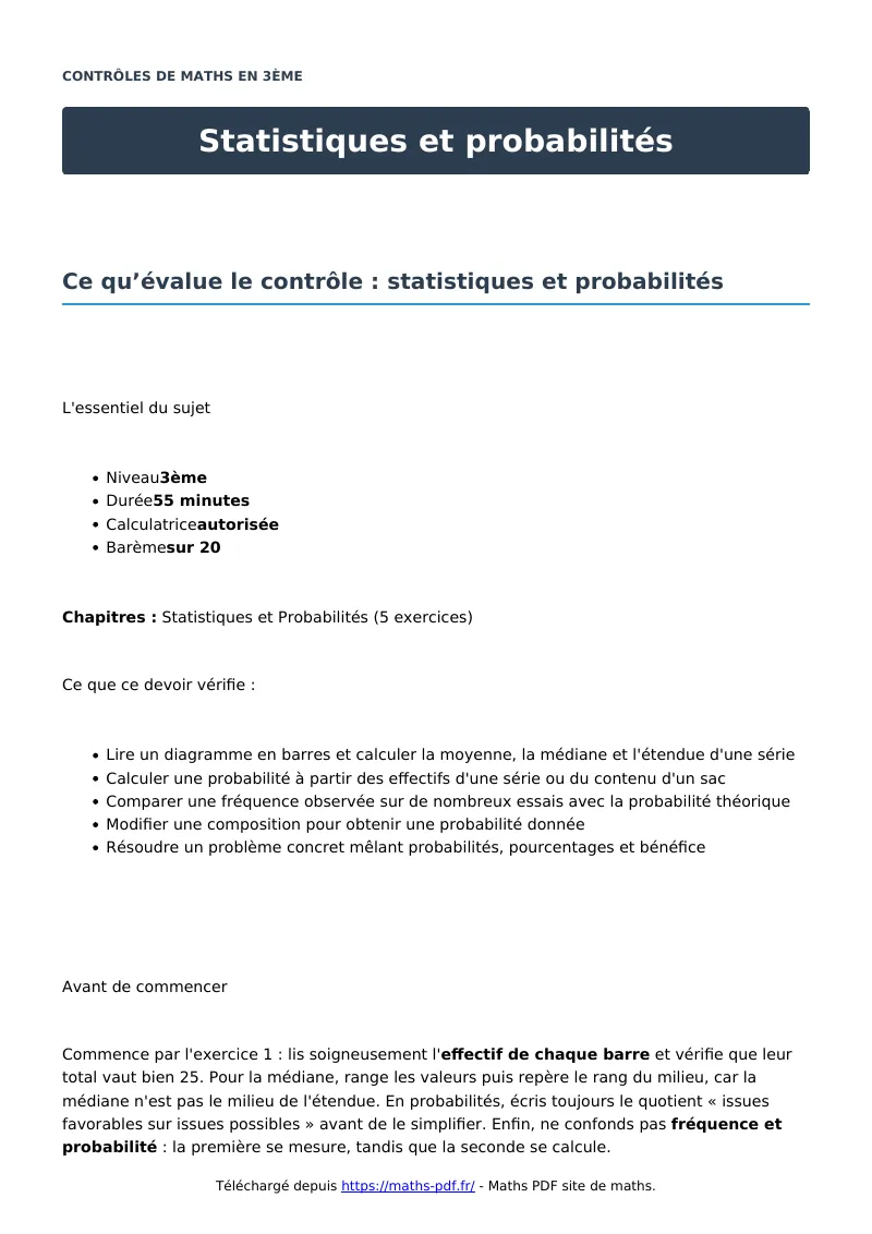 Statistiques et probabilités : contrôle de maths en 3ème corrigé en PDF