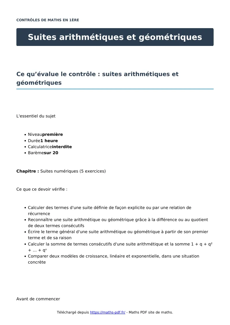 Suites arithmétiques et géométriques : contrôle de maths en première corrigé en PDF