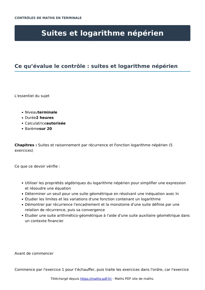 Suites et logarithme népérien : contrôle de maths en terminale corrigé en PDF