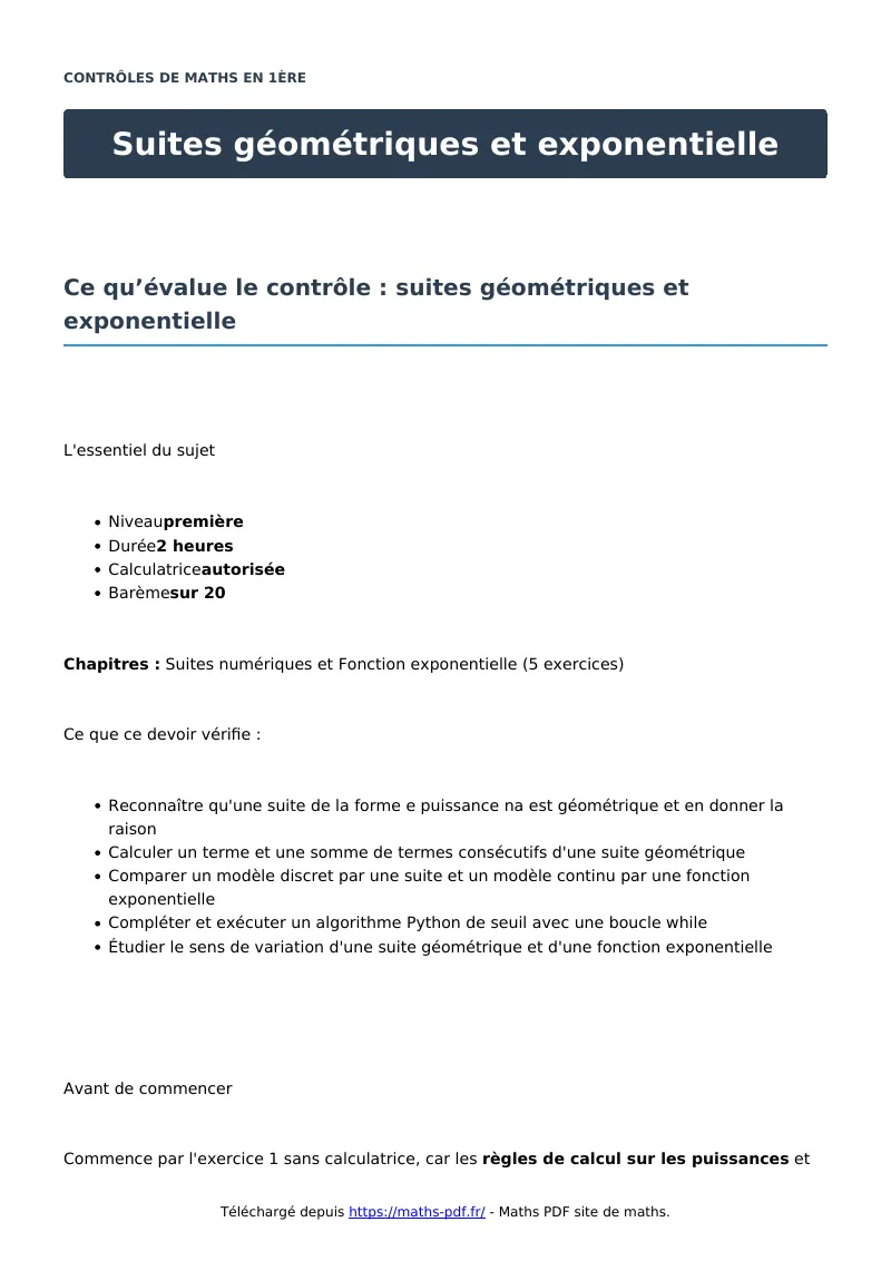 Suites géométriques et exponentielle : contrôle de maths en première corrigé en PDF