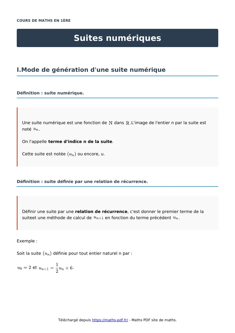 Suites numériques : cours de maths en première en PDF