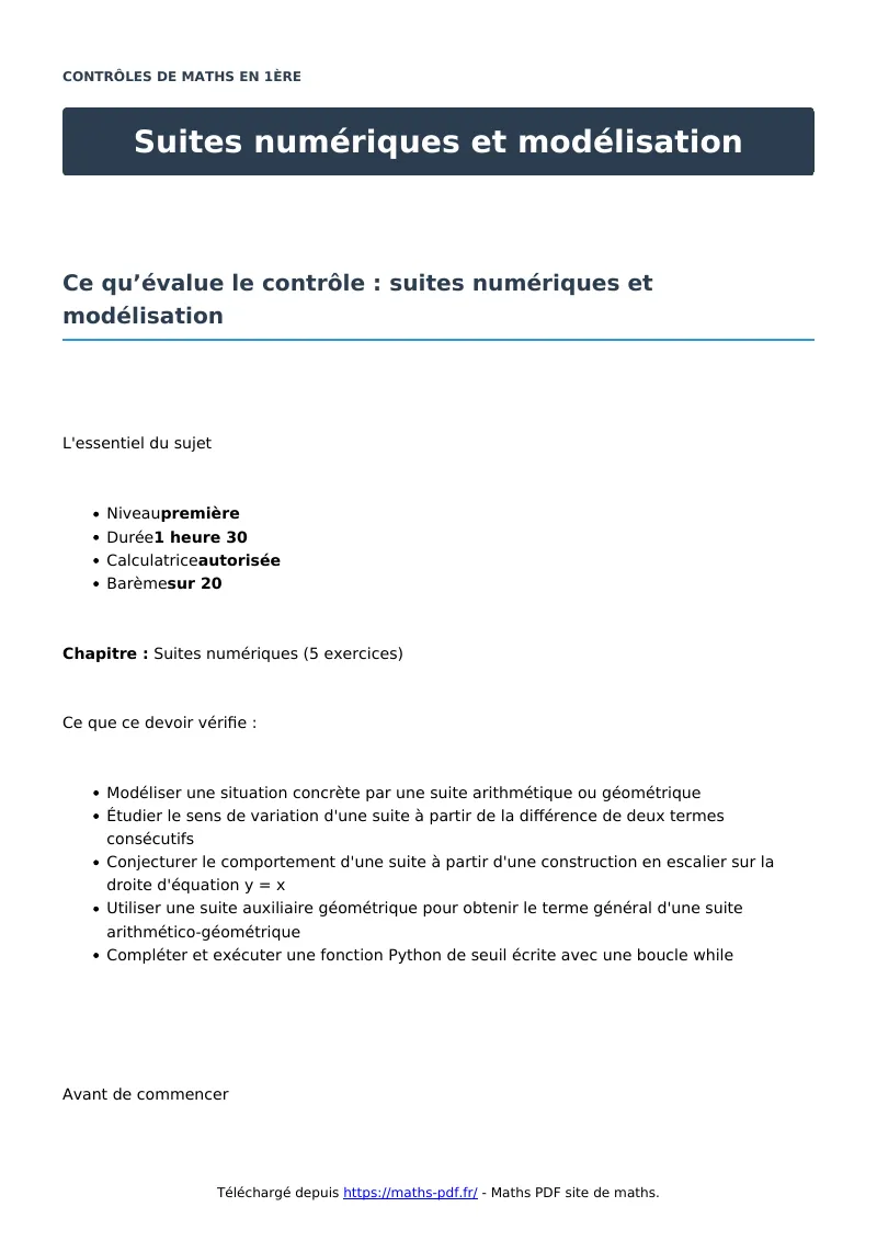 Suites numériques et modélisation : contrôle de maths en première corrigé en PDF