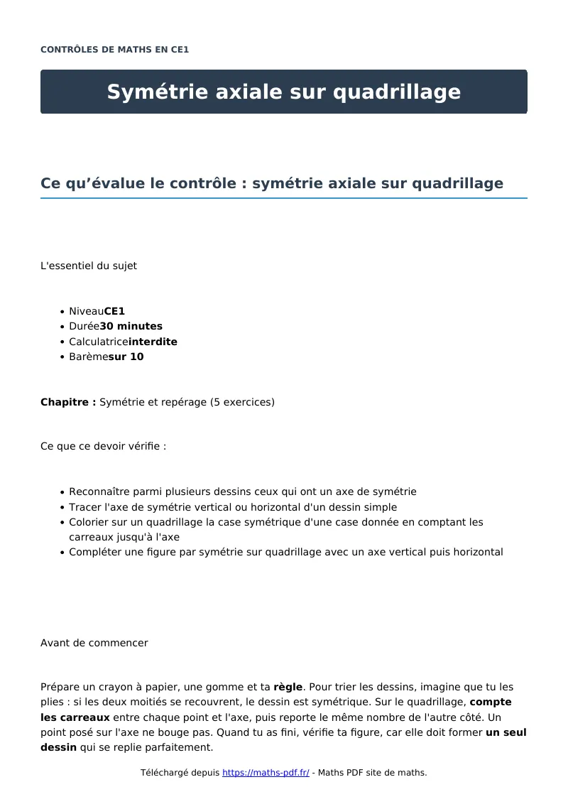 Symétrie axiale sur quadrillage : contrôle de maths en CE1 corrigé en PDF
